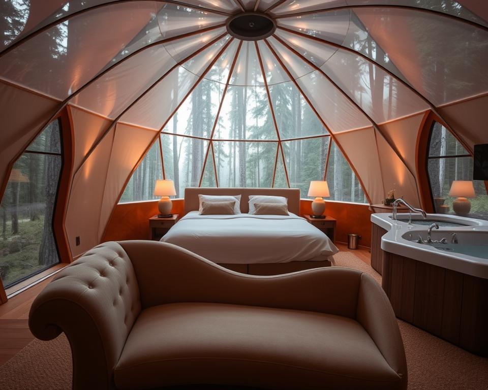 Ausstattung Bubble Hotel Doppelbett Wellnessbereich